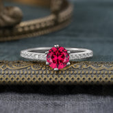 6-Prong Classic Round Cut Ruby Engagement Ring Pave Bridal Ring